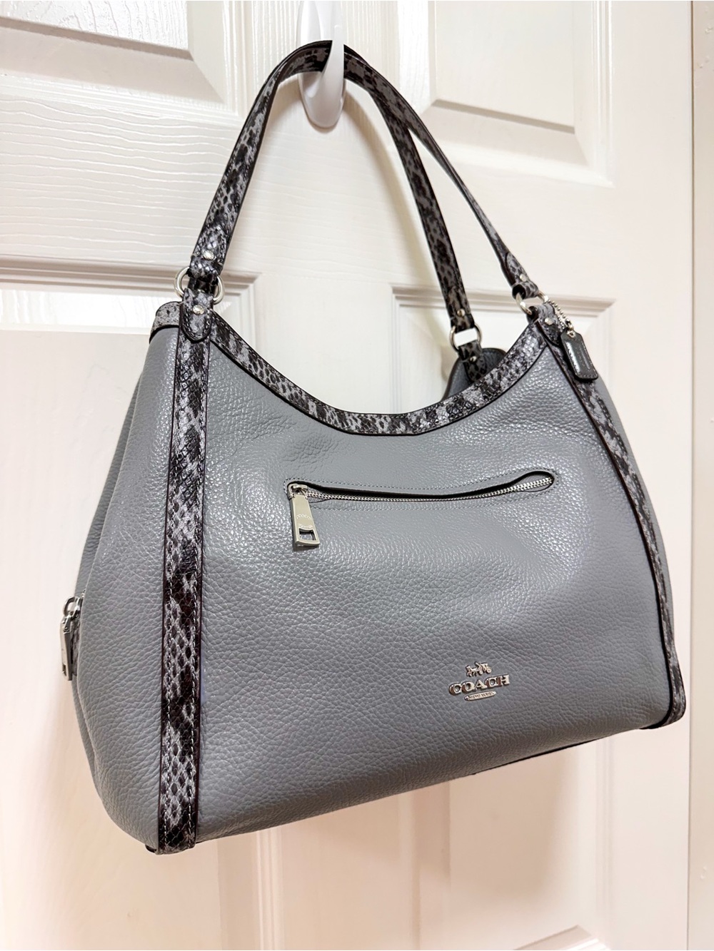 Coach Kristy Granite Grey Pebbled Leather Python Embossed Shoulder Bag - Picture 4 of 13